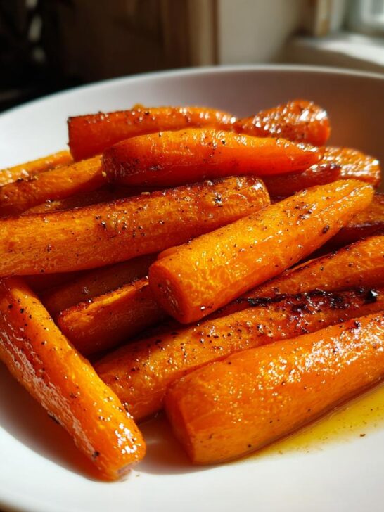 Close-up of glistening, glazed Honey Roasted Carrots seasoned with pepper, piled on a white serving dish.