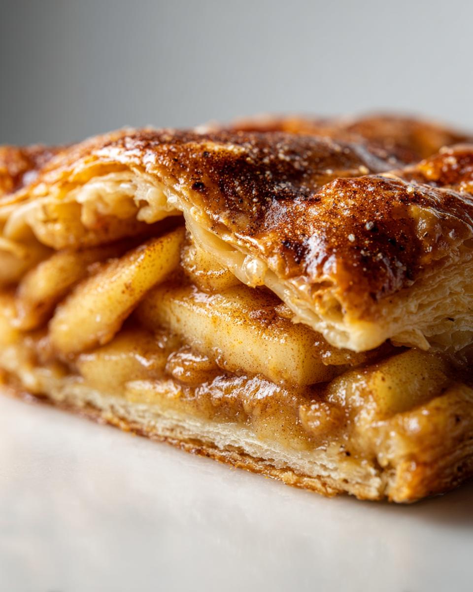 Extreme close-up of a slice of Honeycrisp Apple Galette showing flaky pastry and cinnamon-coated apple slices.