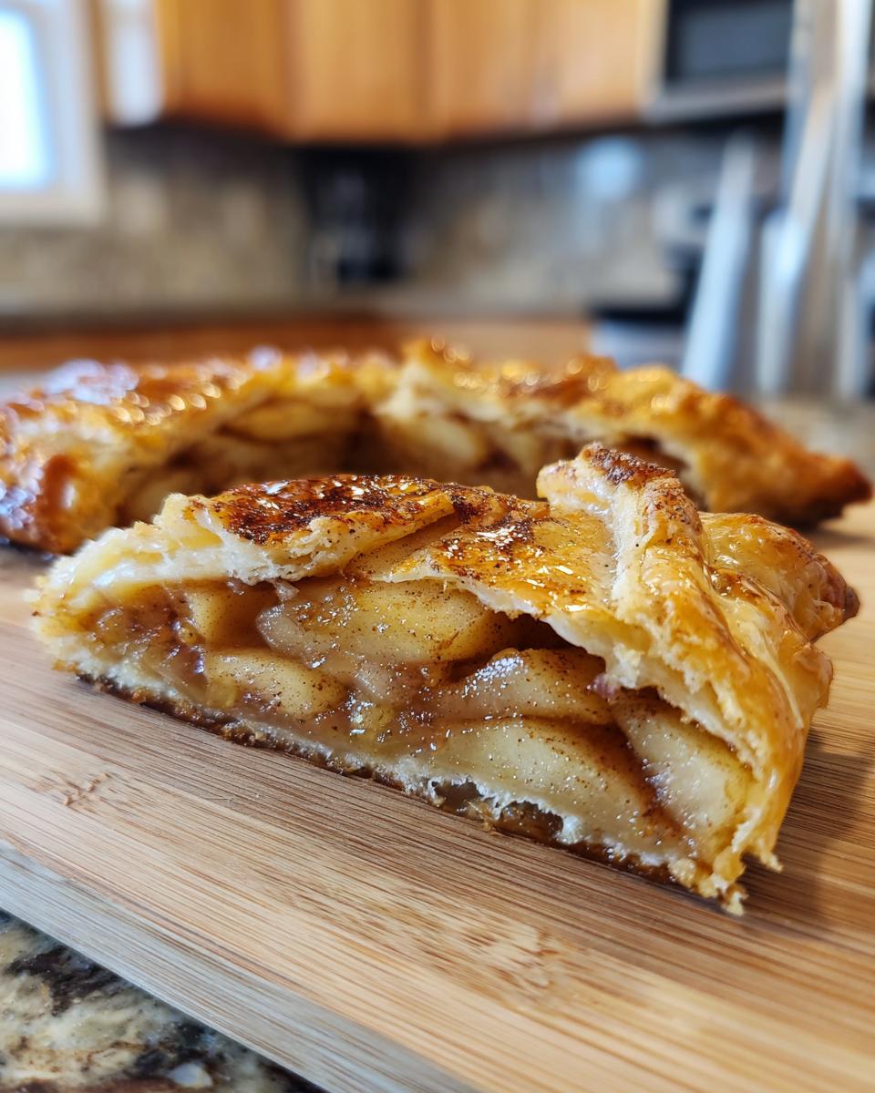 Close-up of a slice of Honeycrisp Apple Galette showing caramelized apples and a flaky, golden-brown crust.