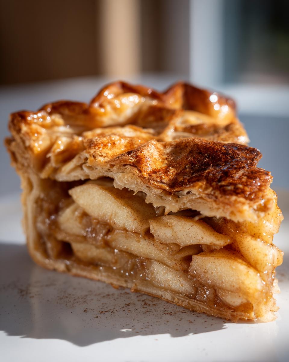 Close-up of a thick slice of Honeycrisp Apple Galette showing layers of spiced apples and a golden, flaky, glazed crust.