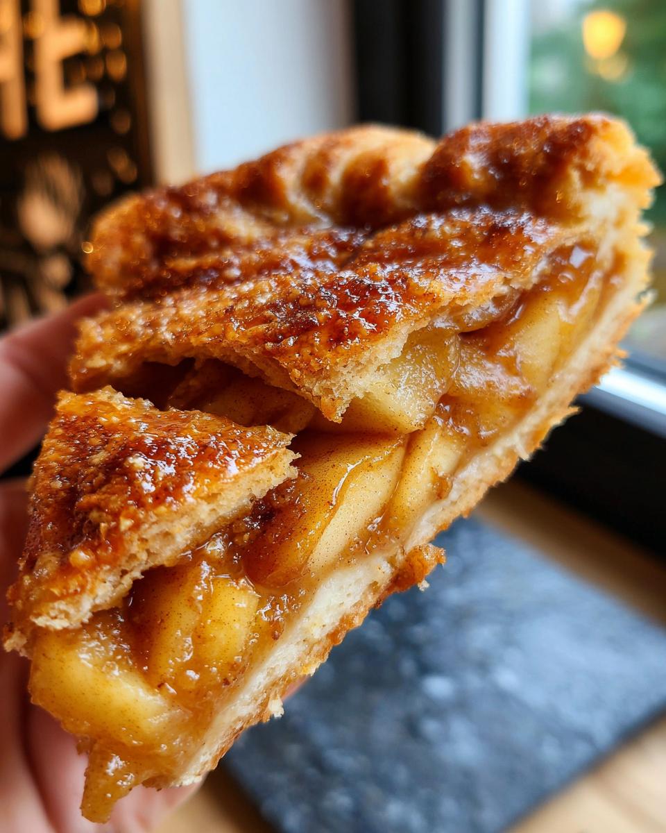 A close-up view of a thick slice of Honeycrisp Apple Galette showing caramelized apple filling and flaky crust.