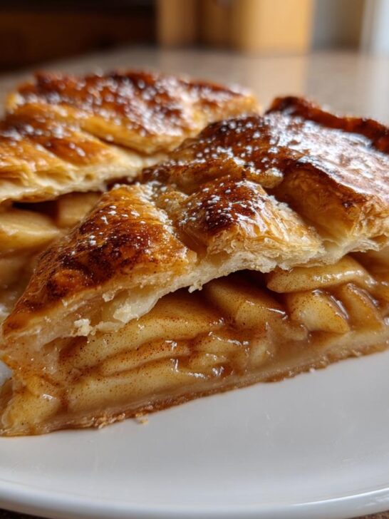 Two slices of flaky Honeycrisp Apple Galette, showing caramelized apple filling and a dusting of powdered sugar.