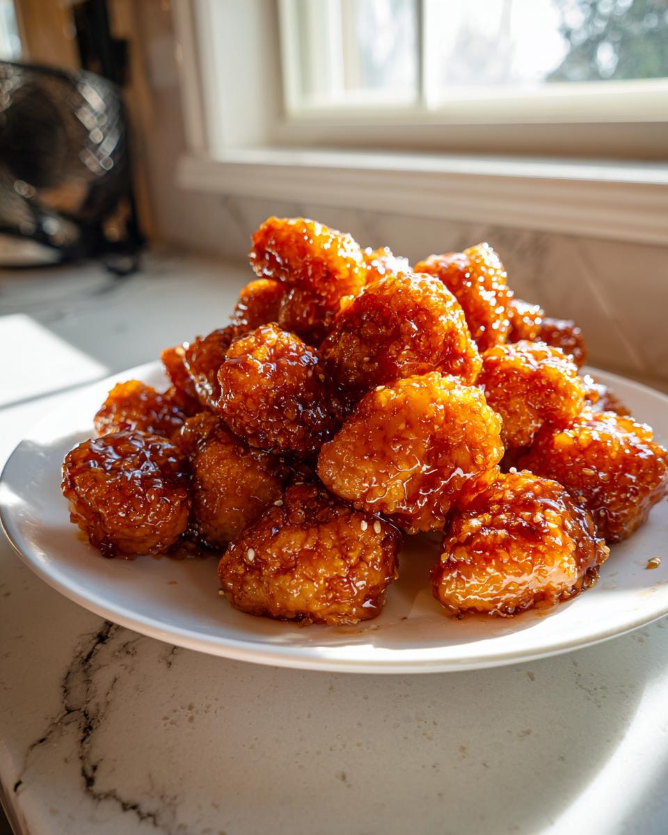 A pile of crispy, golden-brown Hot Honey Cauliflower Bites coated in a shiny, sticky glaze and sprinkled with sesame seeds.