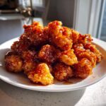 A mound of crispy, glazed Hot Honey Cauliflower Bites piled high on a white plate.