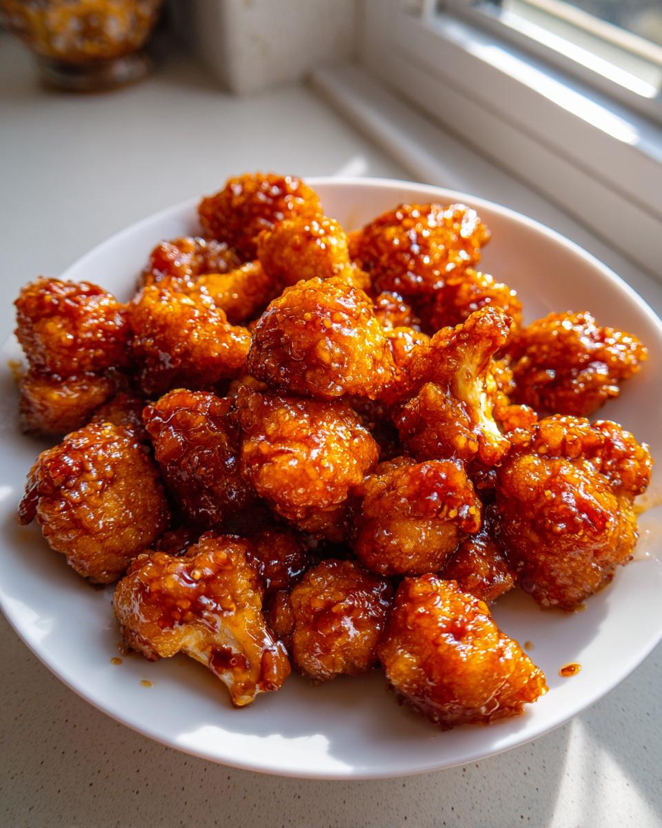 A close-up of crispy, glazed Hot Honey Cauliflower Bites piled high on a white plate, glistening under natural light.
