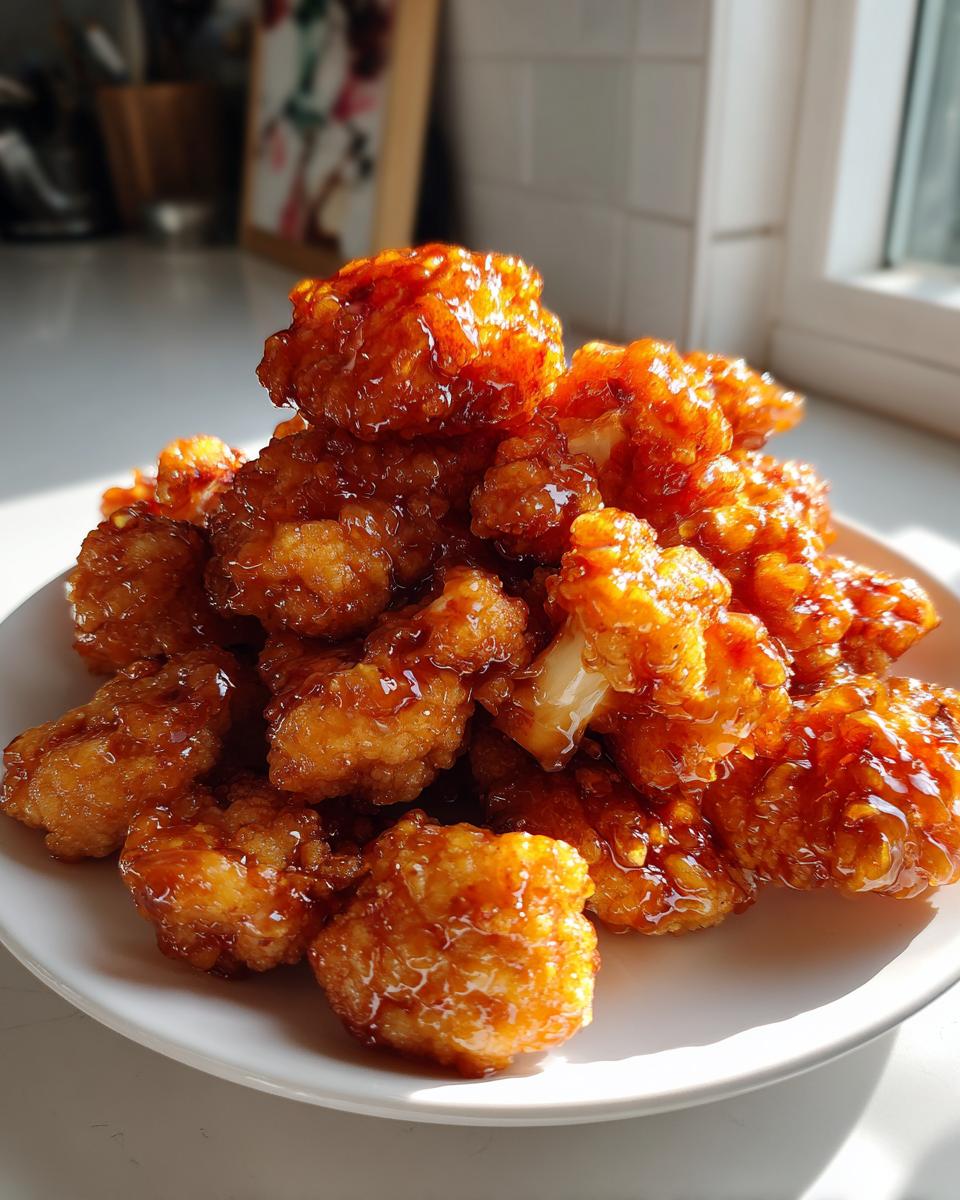 A mound of crispy, glazed Hot Honey Cauliflower Bites piled high on a white plate, glistening under natural light.