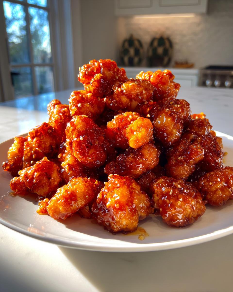 A large pile of crispy, glazed Hot Honey Cauliflower Bites served on a white plate.