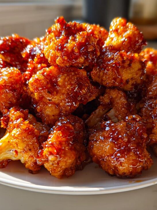 A mound of crispy, glazed Hot Honey Cauliflower Bites piled high on a white plate, glistening under bright light.