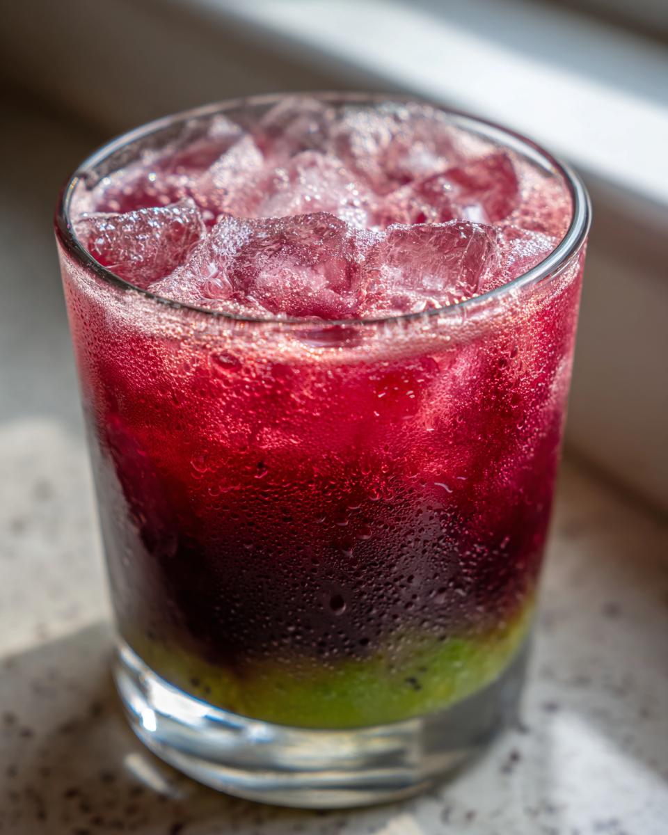 Close-up of a layered, iced Healthy Blood Orange Kiwi Drink showing bright red liquid over a green kiwi layer.