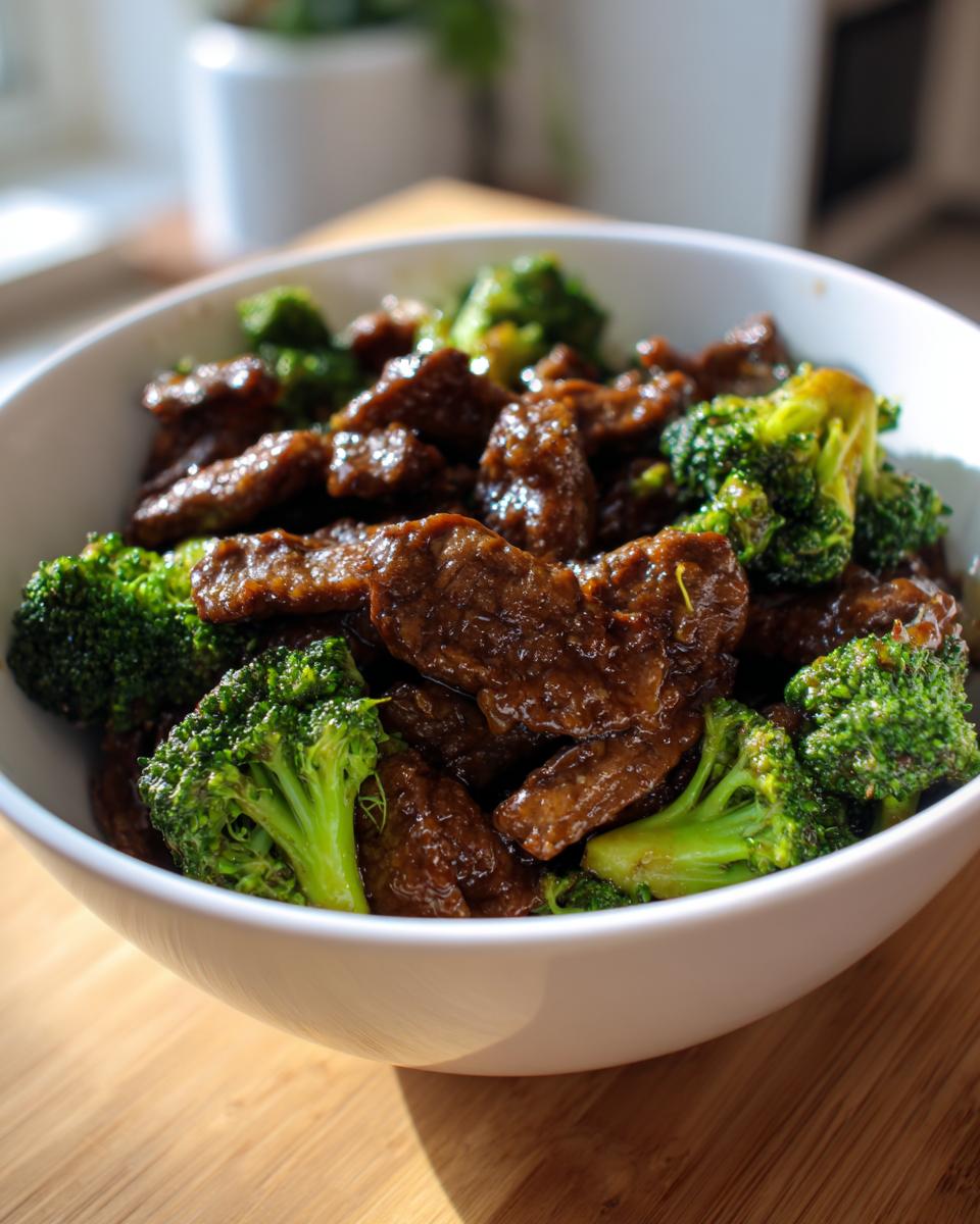 Close-up of tender beef strips and bright green broccoli florets coated in a savory sauce, served in a white bowl: Instant Pot Beef And Broccoli.