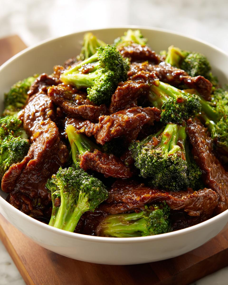 Close-up of tender beef slices coated in savory sauce mixed with bright green broccoli florets, ready to eat Instant Pot Beef And Broccoli.