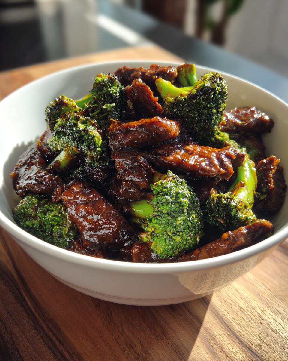 Close-up of glossy, saucy Instant Pot Beef And Broccoli served in a white bowl on a wooden surface.