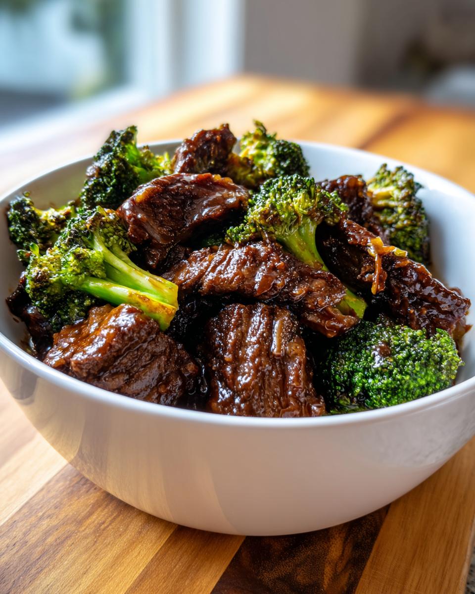 Close-up of tender beef chunks coated in savory sauce mixed with bright green broccoli florets in a white bowl, showcasing Instant Pot Beef And Broccoli.