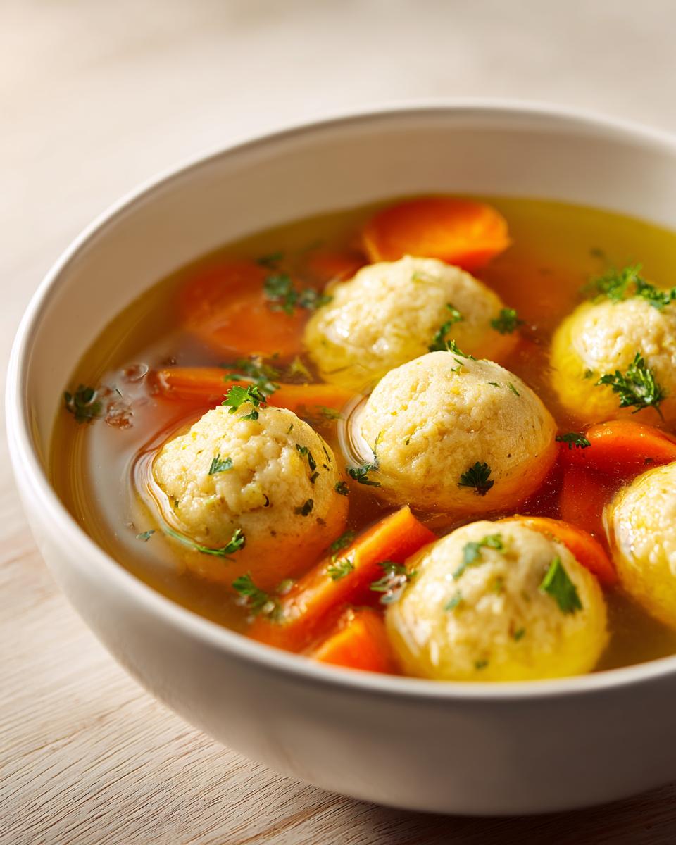 Close-up of a bowl of Instant Pot Matzo Ball Soup with fluffy matzo balls and sliced carrots.