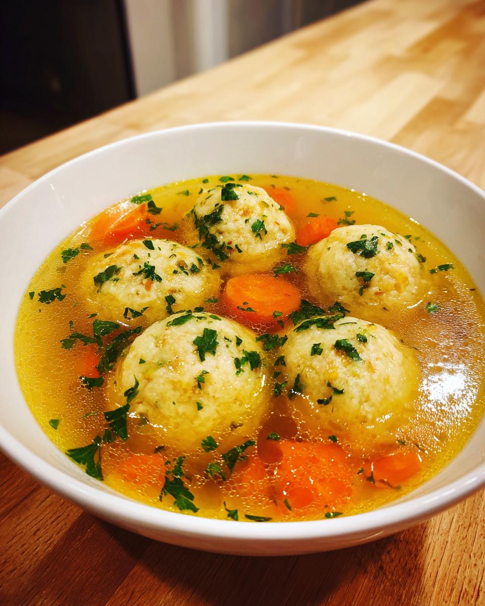 Close-up of a white bowl filled with golden broth, fluffy matzo balls, sliced carrots, and fresh parsley garnish for Instant Pot Matzo Ball Soup Recipe.