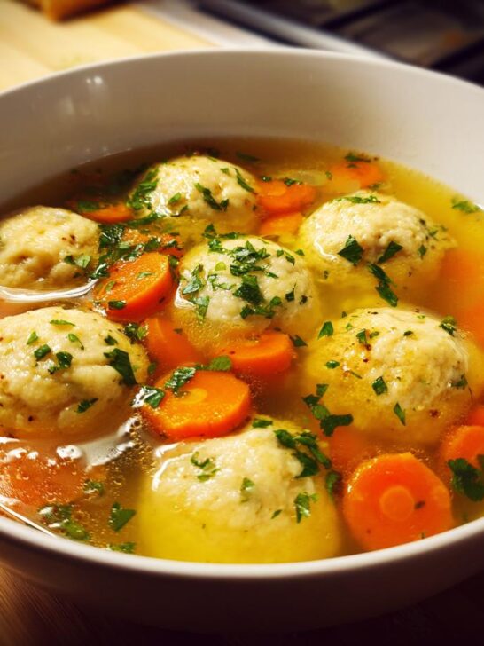 A white bowl filled with golden broth, fluffy matzo balls, and sliced carrots, garnished with fresh parsley, ready to eat Instant Pot Matzo Ball Soup.