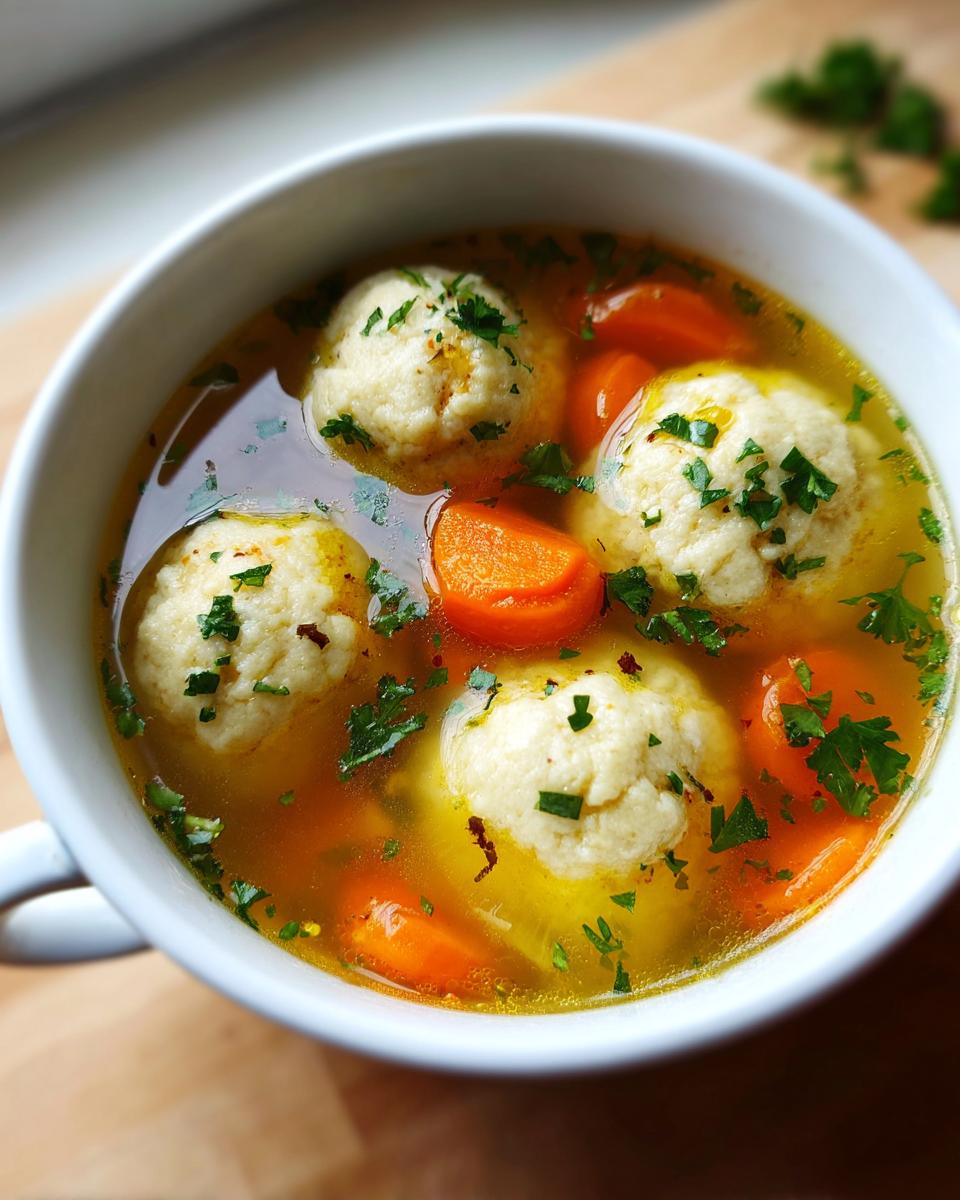 A close-up view of a white bowl filled with golden broth, fluffy matzo balls, sliced carrots, and fresh parsley garnish from the Instant Pot Matzo Ball Soup Recipe.