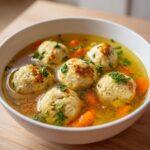 Close-up of a white bowl filled with golden broth, five fluffy matzo balls, sliced carrots, and fresh parsley, ready for Instant Pot Matzo Ball Soup.