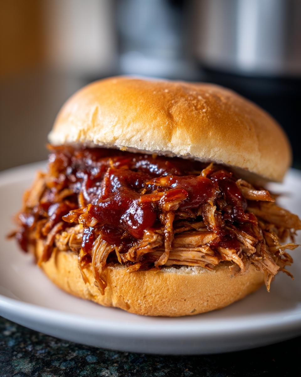 Close-up of a delicious Instant Pot Pulled Pork Sandwich piled high with saucy shredded pork on a soft bun.