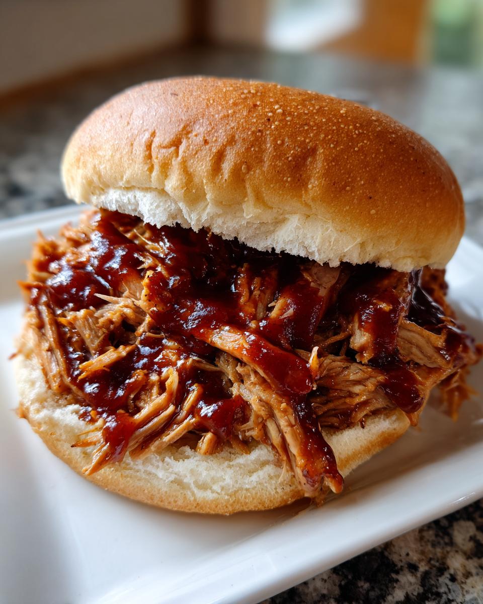 Close-up of a juicy Instant Pot Pulled Pork Sandwich loaded with BBQ sauce on a soft bun.