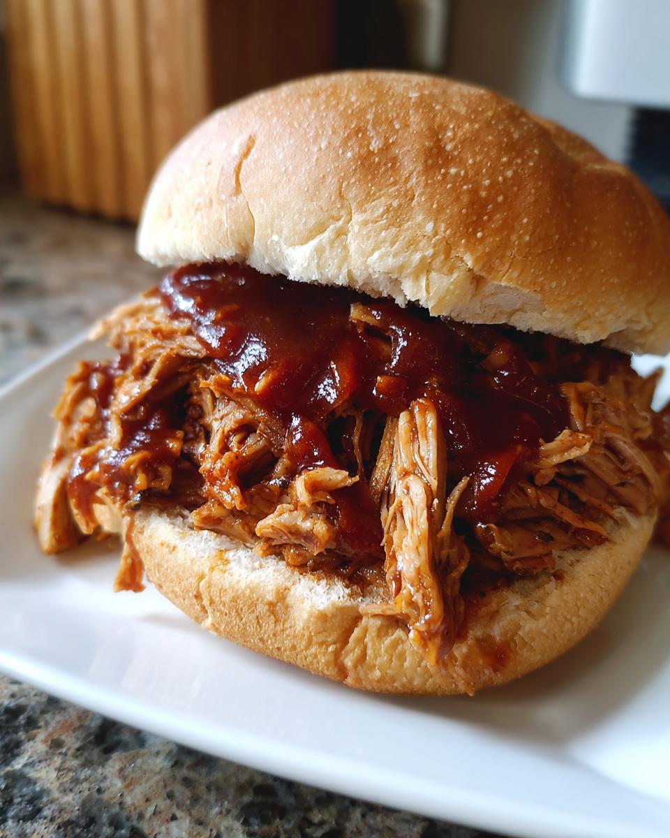 Close-up of a delicious Instant Pot Pulled Pork Sandwich smothered in BBQ sauce on a white plate.