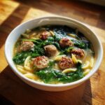 A white bowl filled with Italian Wedding Soup featuring small meatballs, pasta, and wilted spinach in broth.
