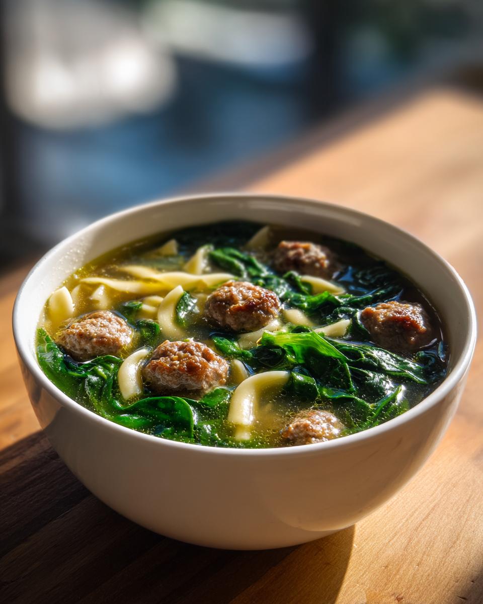 A close-up of a white bowl filled with Italian Wedding Soup, featuring broth, small meatballs, pasta, and wilted spinach.