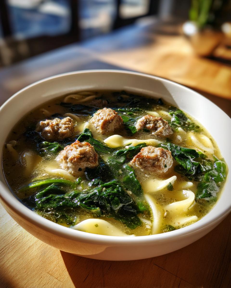 A close-up of a white bowl filled with Italian Wedding Soup featuring small meatballs, spinach, and pasta in broth.