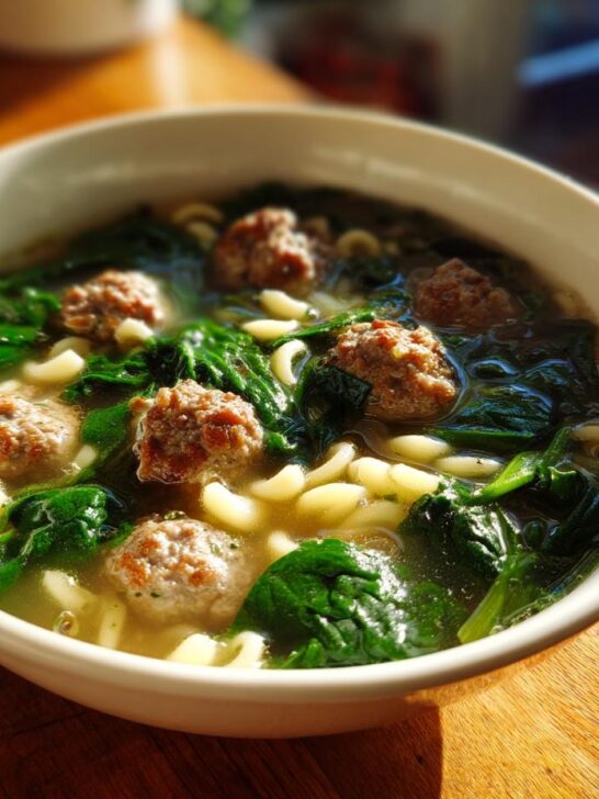 A close-up of a white bowl filled with Italian Wedding Soup, featuring small meatballs, spinach, and pasta in broth.