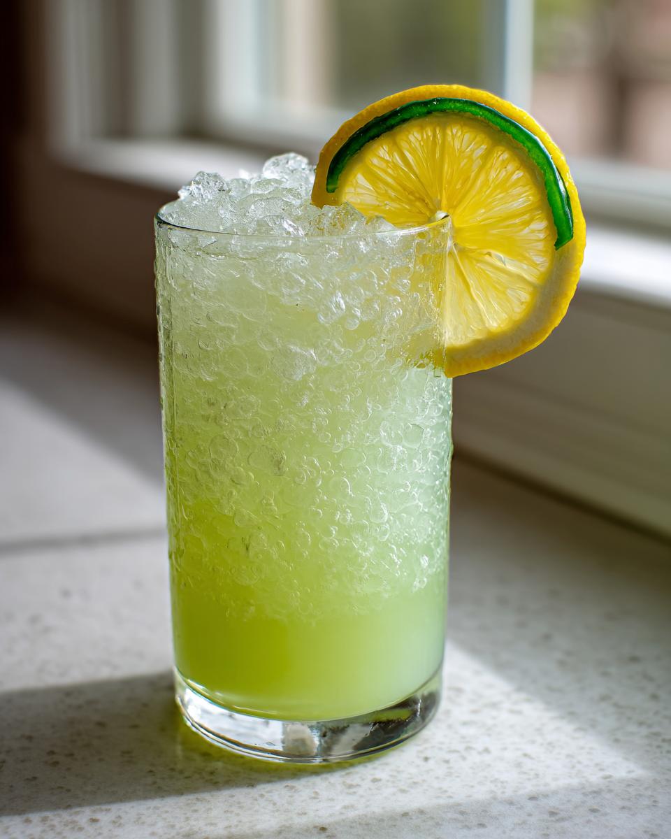 A tall glass filled with a light green Jalapeno Lemon Lime Mocktail, topped with crushed ice and garnished with a lemon slice.