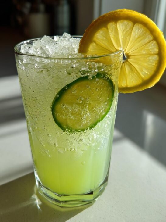Close-up of a bright green Jalapeno Lemon Lime Mocktail filled with crushed ice and garnished with lemon and lime slices.