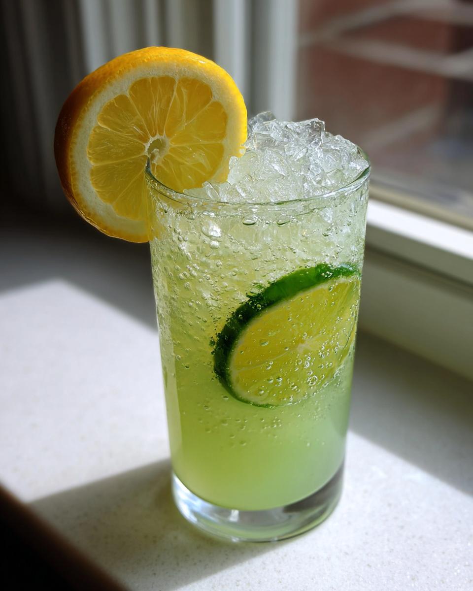 Close-up of a bubbly Jalapeno Lemon Lime Mocktail topped with crushed ice and garnished with lemon and lime slices.
