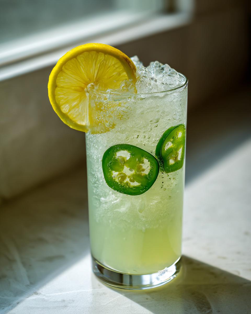 A tall glass filled with a sparkling Jalapeno Lemon Lime Mocktail, garnished with a lemon wheel and fresh jalapeno slices.