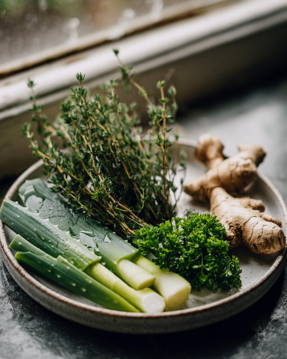 A plate featuring fresh ginger root, thyme sprigs, scallions, and parsley, representing Jamaican Herbs That You Should Always Keep On Hand Remedies.