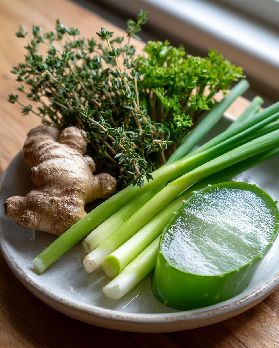 A plate featuring fresh ginger root, thyme, parsley, scallions, and a slice of aloe vera, representing Jamaican Herbs That You Should Always Keep On Hand Remedies.