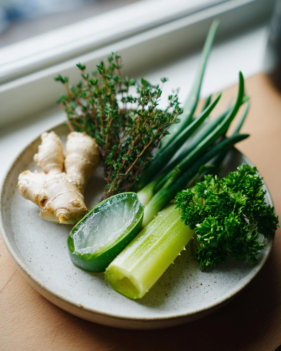 A plate featuring ginger, thyme, aloe vera, scallions, celery, and parsley, representing Jamaican herbs that always remedy flavor.