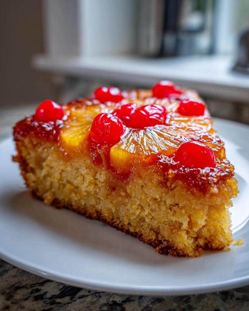 A moist slice of Jamaican Pineapple Upside Down Cake topped with caramelized pineapple and bright red maraschino cherries.