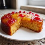 A slice removed from a golden Jamaican Pineapple Upside Down Cake topped with glazed pineapple rings and maraschino cherries.