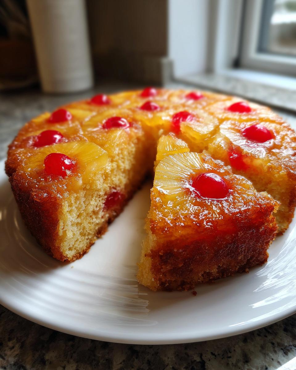 A close-up of a Jamaican Pineapple Upside Down Cake on a white plate, with one slice cut out.