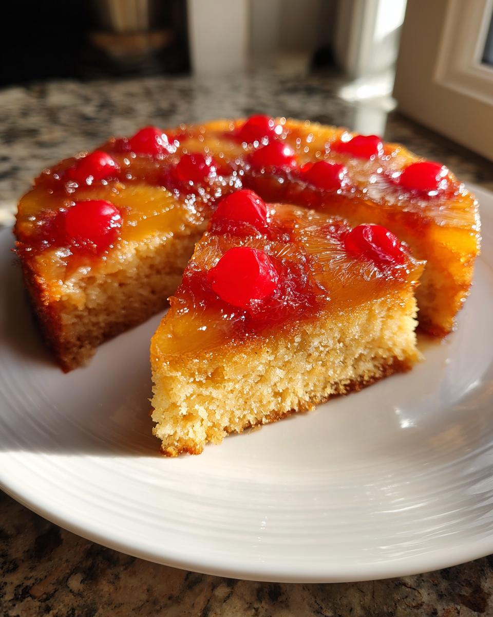 A slice cut from a glistening Jamaican Pineapple Upside Down Cake, topped with caramelized pineapple and bright red maraschino cherries.