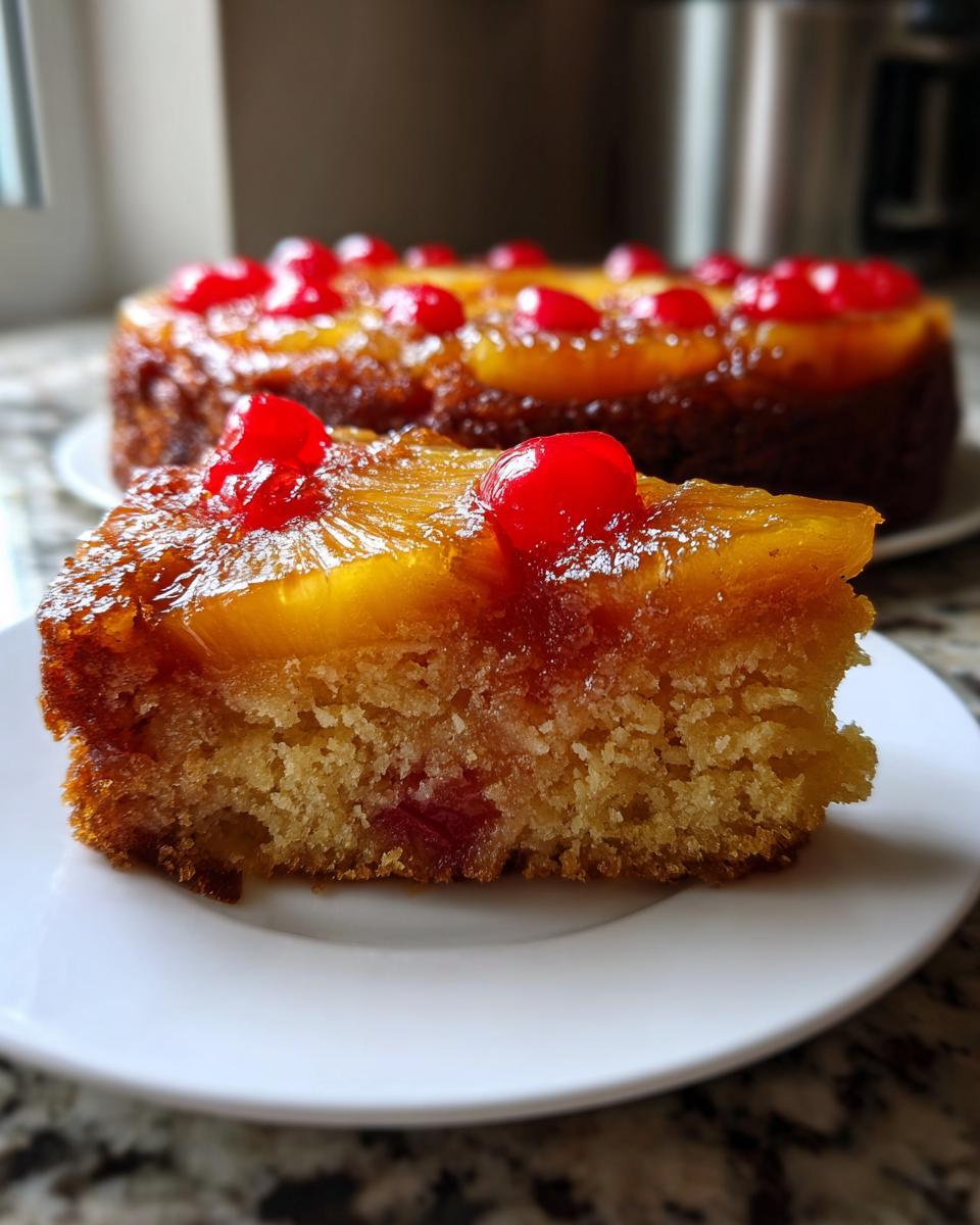 Close-up of a moist slice of Jamaican Pineapple Upside Down Cake topped with caramelized pineapple and maraschino cherries.