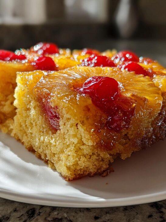 Two moist slices of Jamaican Pineapple Upside Down Cake topped with caramelized pineapple and maraschino cherries.
