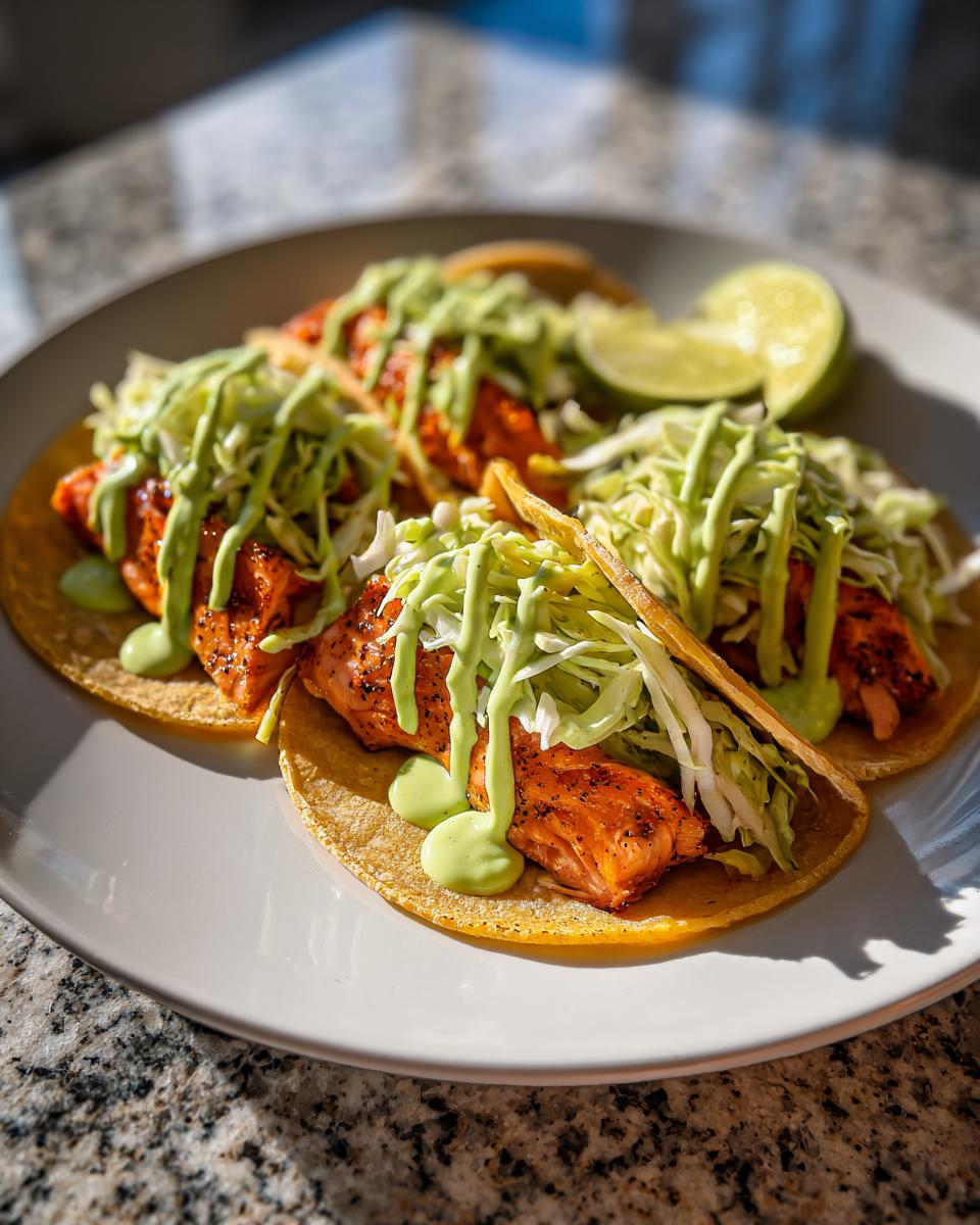 Three Jerk Salmon Tacos topped with shredded cabbage and drizzled with bright green Avocado Cilantro Lime Sauce.