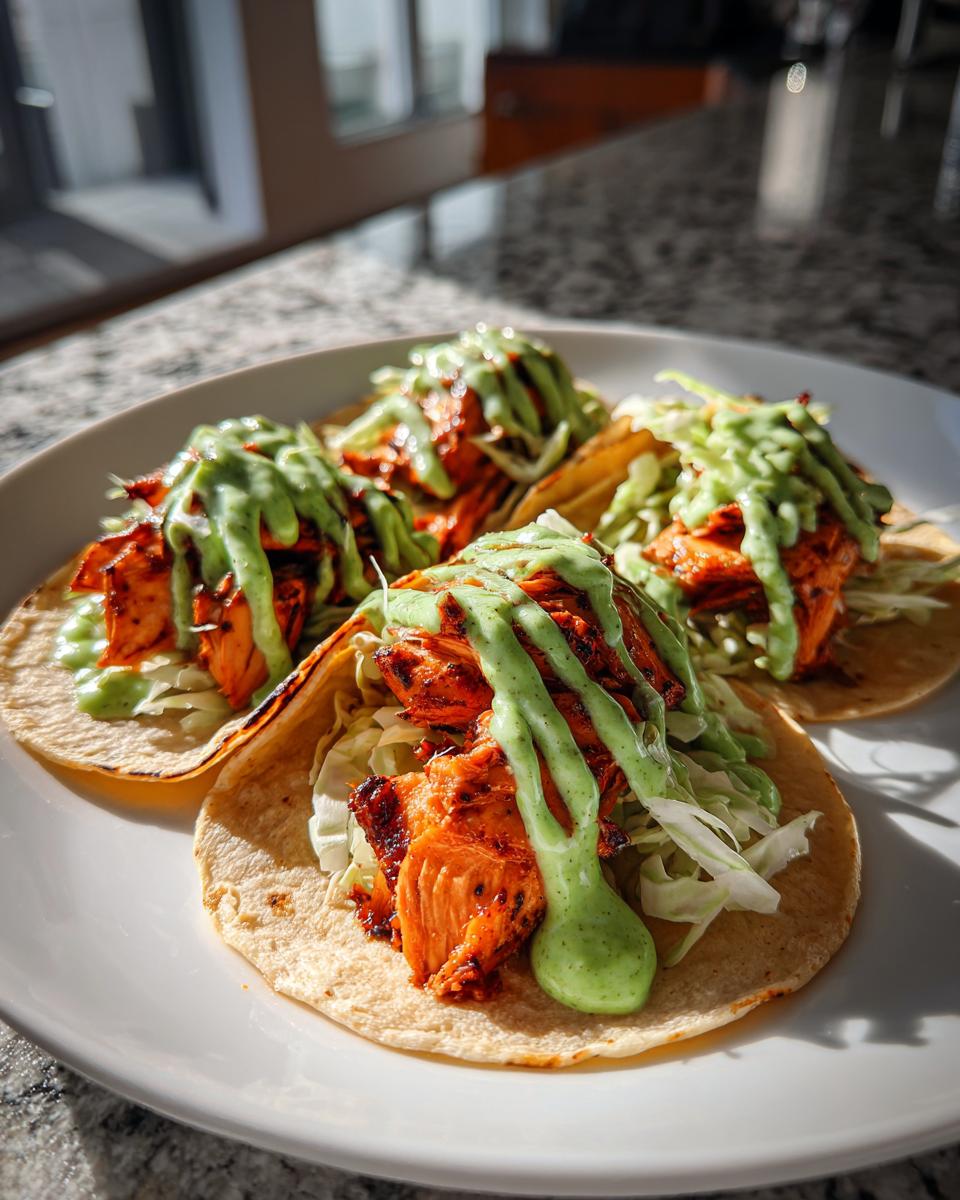 Four Jerk Salmon Tacos topped with shredded cabbage and drizzled generously with bright green Avocado Cilantro Lime Sauce.