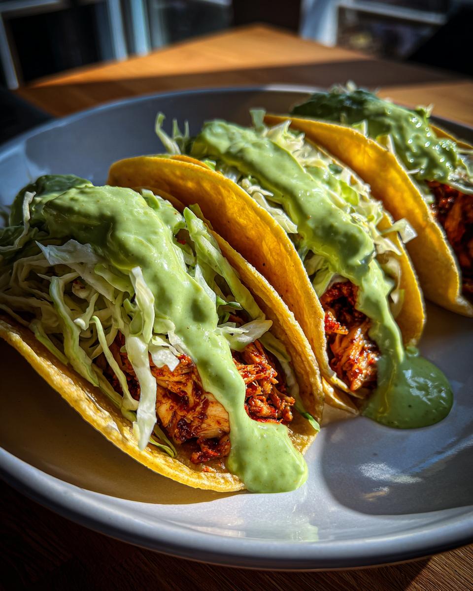 Close-up of three Jerk Salmon Tacos topped with shredded cabbage and generous drizzles of avocado cilantro lime sauce.