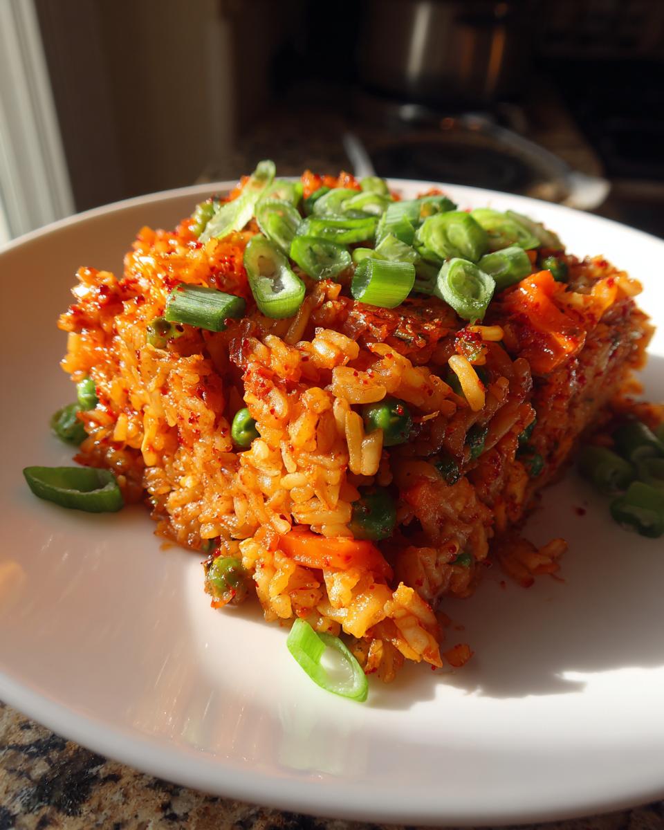 A serving of vibrant orange Korean Veggie Fried Rice topped generously with sliced green onions on a white plate.