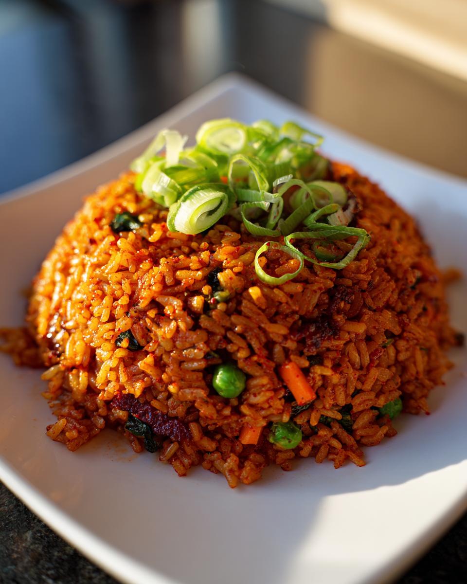 A mound of spicy, reddish Korean Veggie Fried Rice topped with fresh sliced green onions on a white plate.