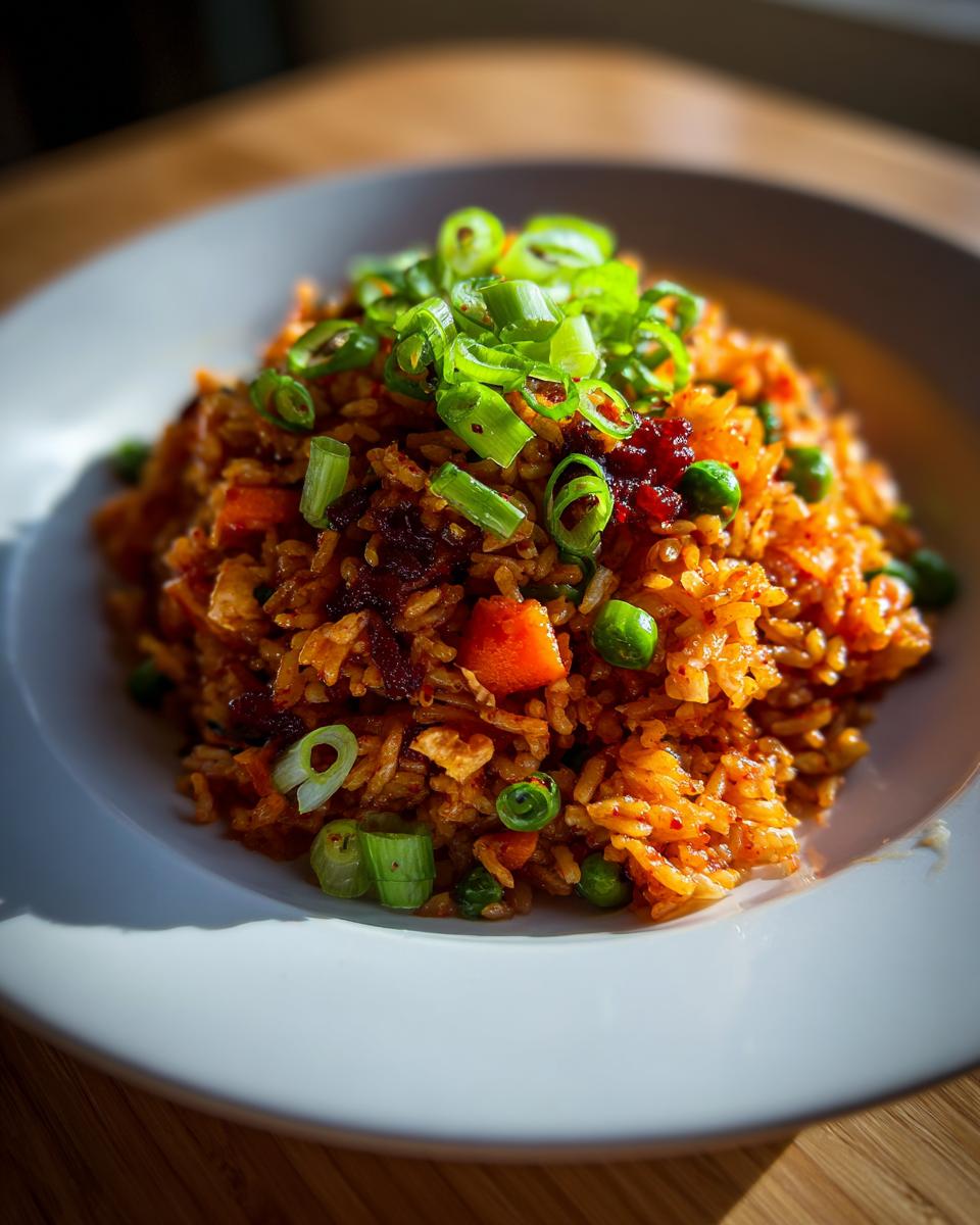A close-up serving of vibrant Korean Veggie Fried Rice, topped generously with fresh green onions.