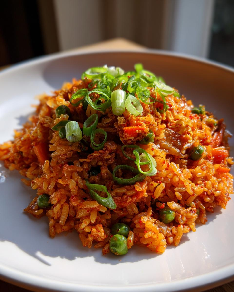 A close-up of bright orange Korean Veggie Fried Rice served on a white plate and topped with fresh green scallions.