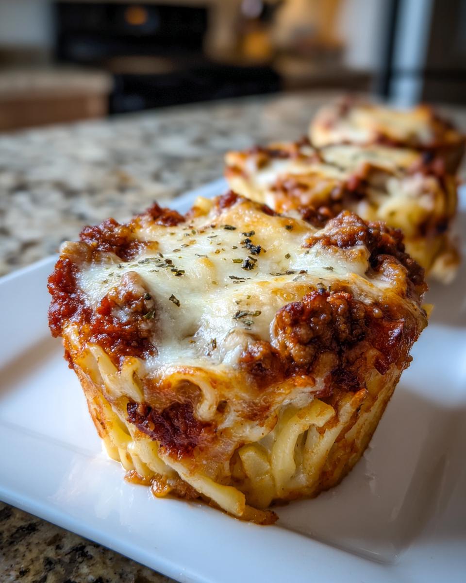 A close-up of a single, perfectly baked Lasagna Cup topped with melted mozzarella cheese and herbs.